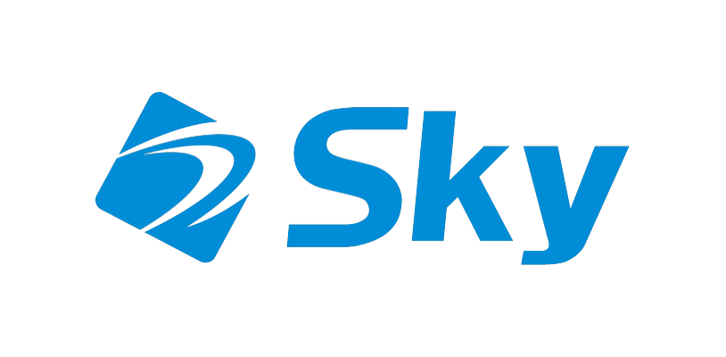 The logo for Sky, featuring the word 'Sky' in bold blue letters next to an abstract blue icon on a white background.
