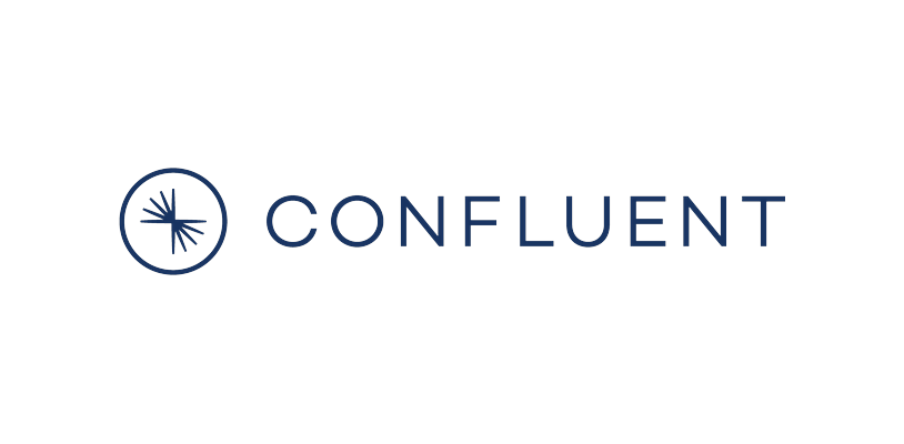The Confluent logo features a circular icon with a stylized pattern to the left of the word 'CONFLUENT' in blue capital letters on a black background.