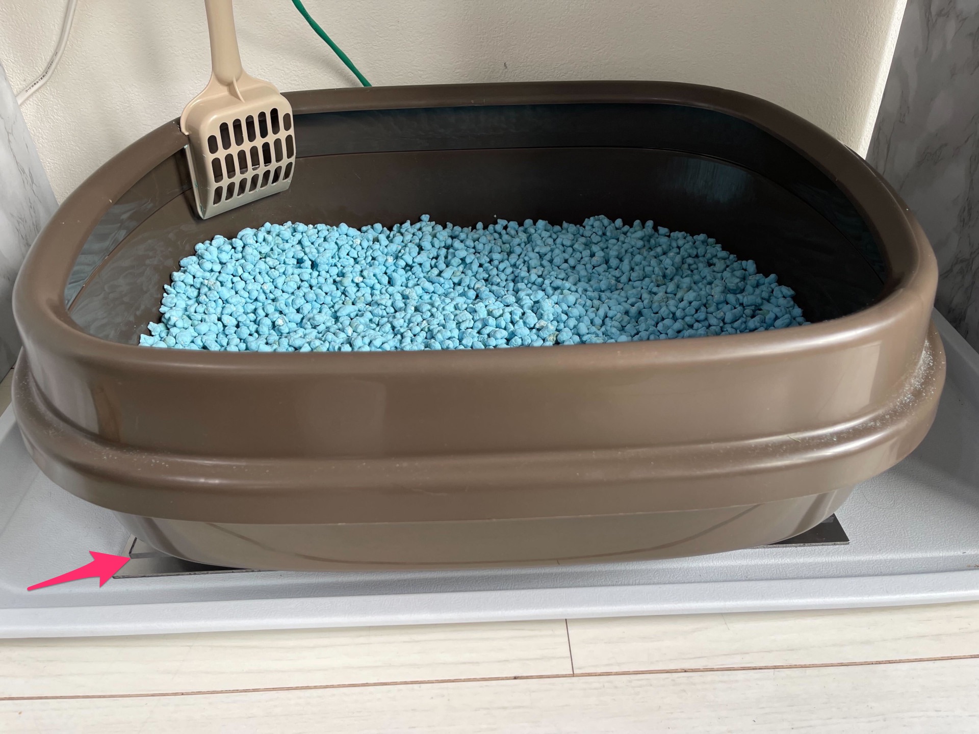 A brown cat litter box filled with blue cat litter and a beige scoop, placed on a white tray in a corner.
