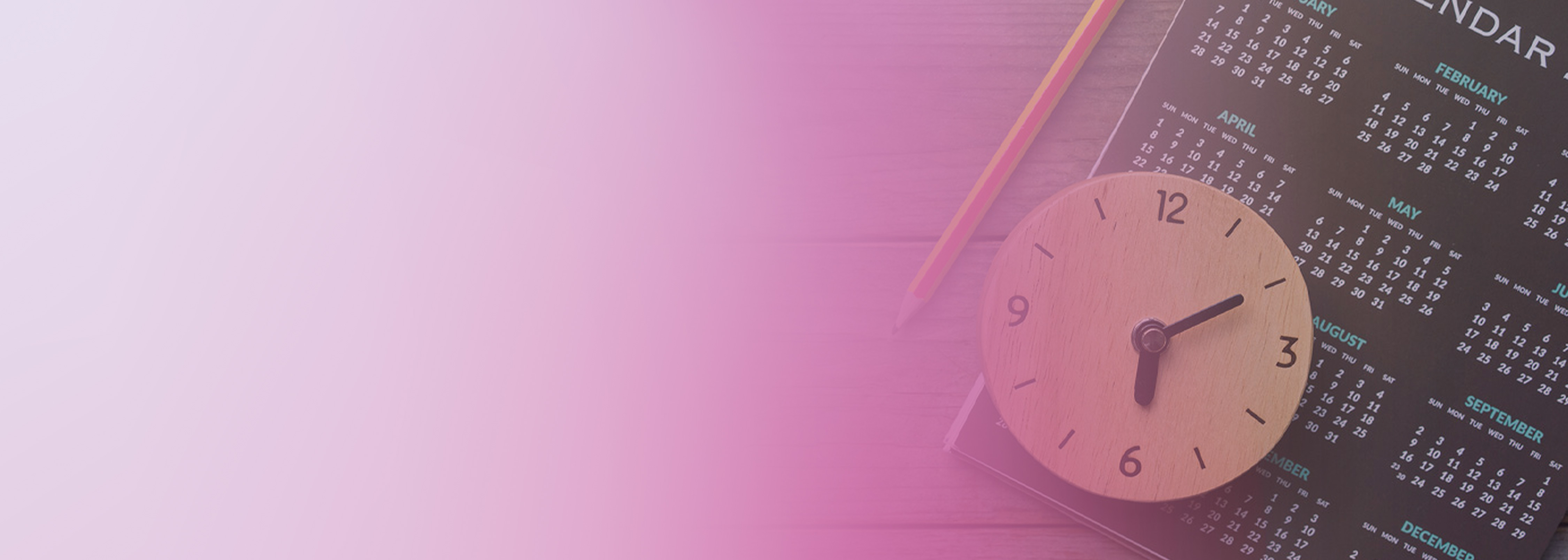 A wooden clock, pencil, and calendar on a wooden surface, with a pink gradient overlay. Represents scheduling and time management, suitable for AWS EventBridge Serverless Scheduler event visual.