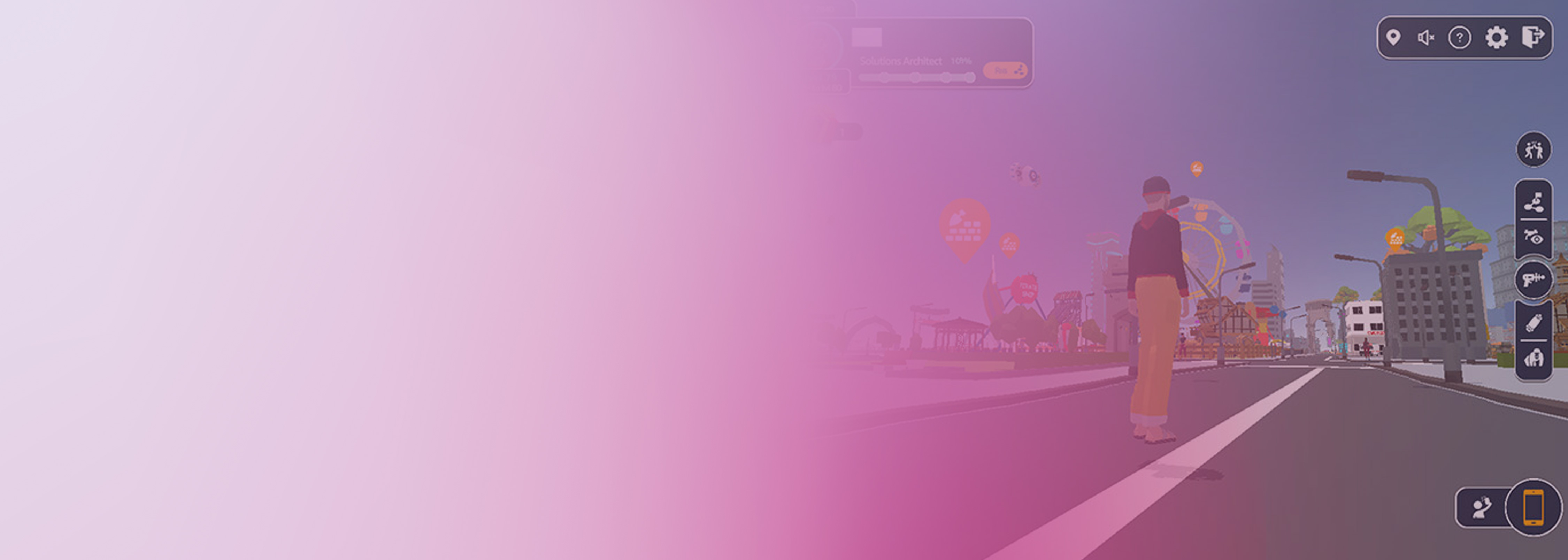 Screenshot from a gamified, virtual world themed for the AWS Cloud Quest Solution Architect challenge, showing an avatar on a stylized city street with interface icons and a progress bar overlay.