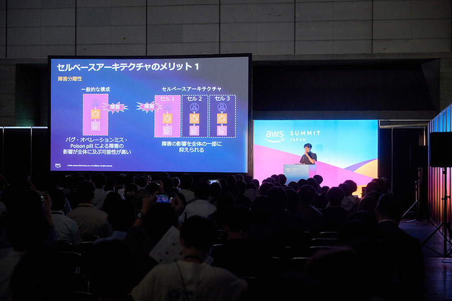 A presenter speaks on stage to an audience at AWS Summit Japan 2025. The large screen displays a technical diagram about cell-based architecture in Japanese.