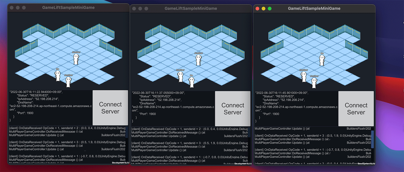 Screenshot showing the Unity client interface for an AWS GameLift multiplayer game sample, displaying three connected instances with isometric game scenes and connection/server details.