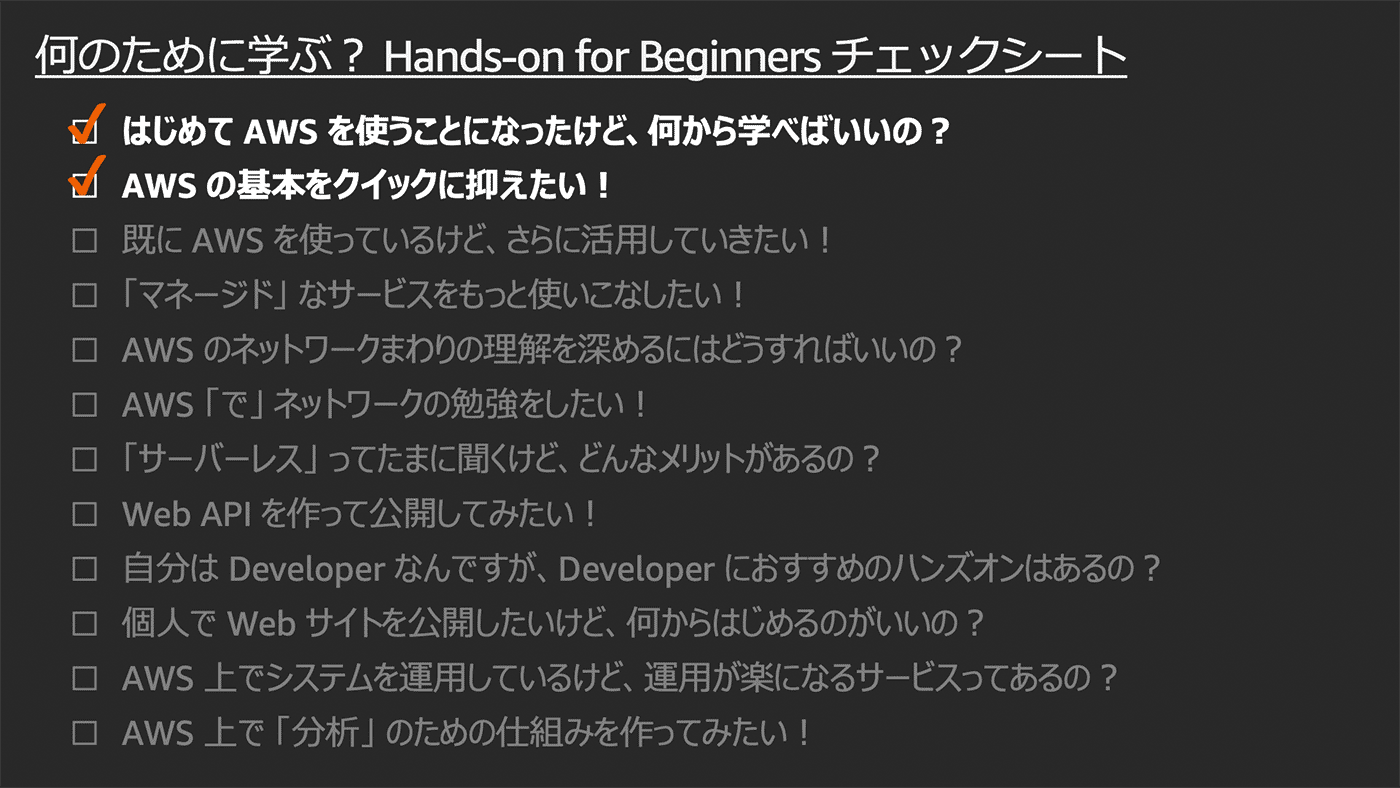 AWS初心者向けの『Hands-on for Beginners』チェックシート画像。AWSを初めて使う人や、基本を素早く理解したい人のための学習項目がリスト化されています。