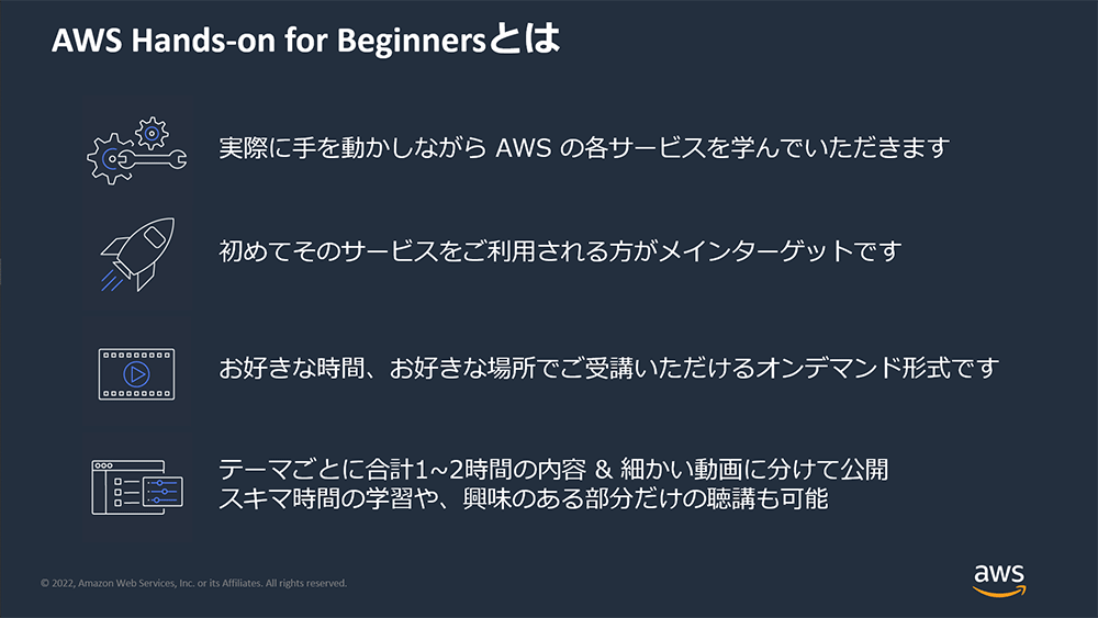Japanese-language overview image describing AWS Hands-on for Beginners, including points about learning AWS services through hands-on experience, targeting first-time users, being available on-demand, and enabling flexible, short, and focused learning sessions.
