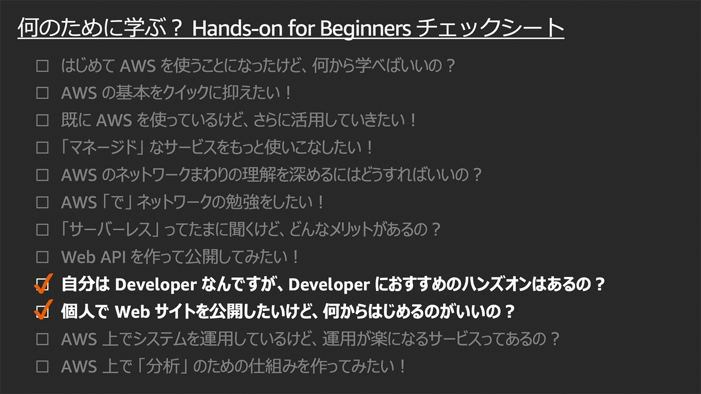 A checklist in Japanese for beginners getting started with AWS, outlining learning goals and recommended hands-on activities, including items for developers and those interested in publishing websites. The checklist features highlighted points for developers and individuals looking to launch web projects.
