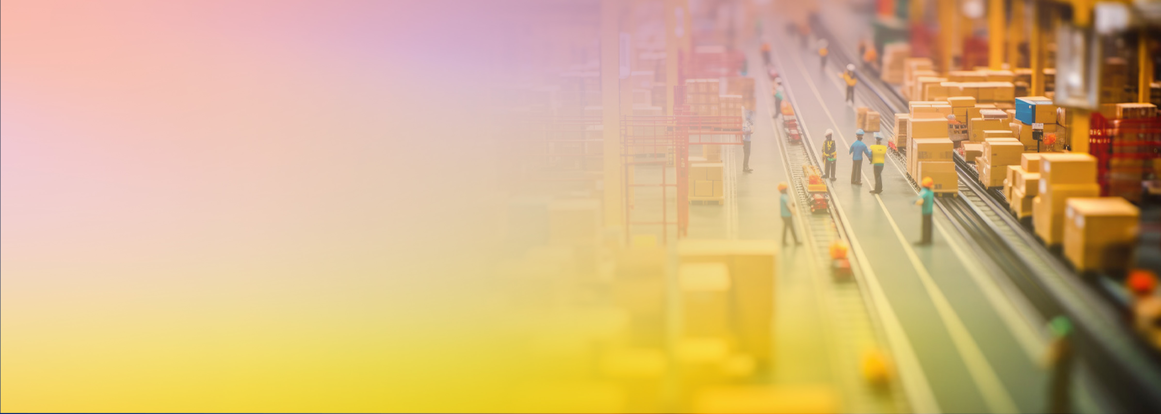 A conceptual image of a sustainable factory or logistics warehouse, featuring a miniaturized assembly line with workers and cardboard boxes, overlaid with a warm gradient. The image conveys themes of industrial automation, supply chain management, and sustainability in manufacturing.