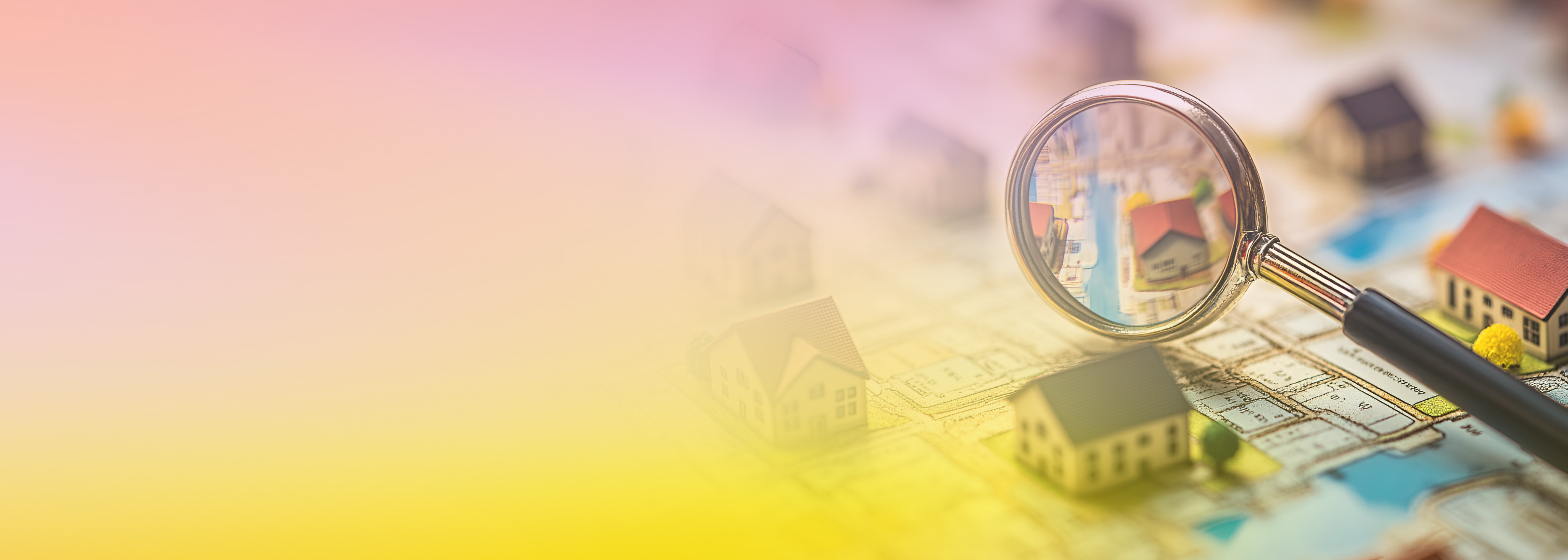 A magnifying glass focusing on miniature houses on a real estate map, representing property search or real estate analysis.
