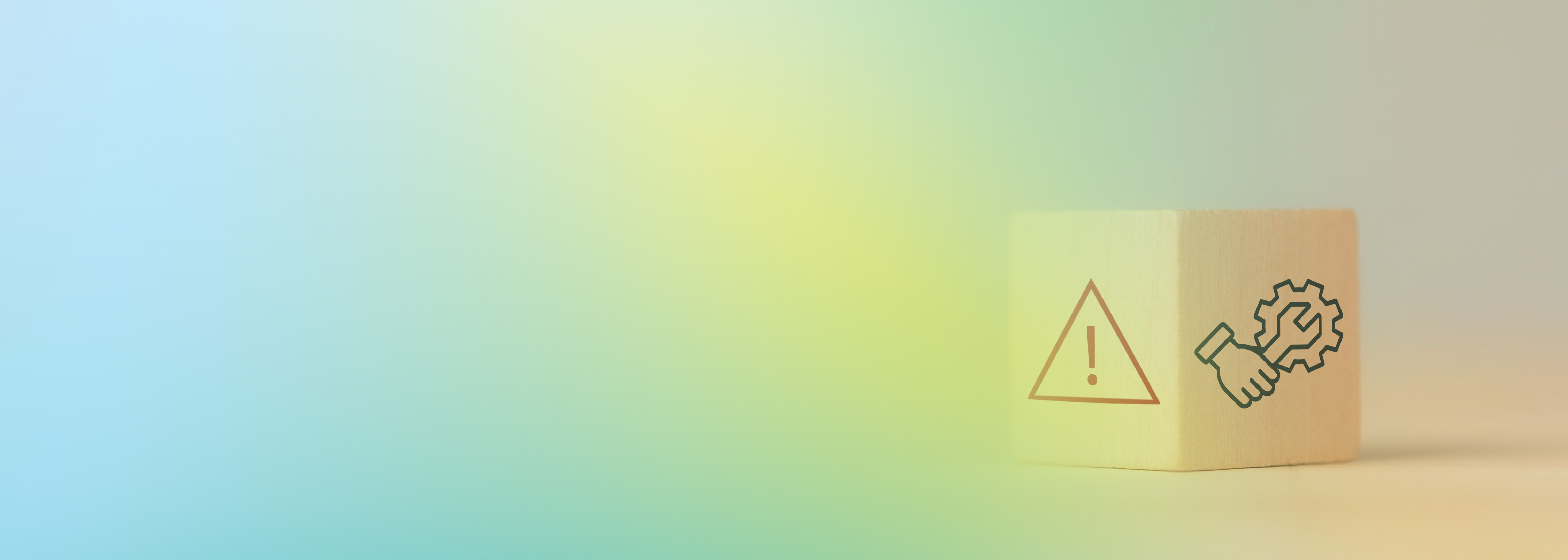 A wooden block with warning and maintenance icons representing automated incident reports and post-mortem analysis, placed on a pastel gradient background.