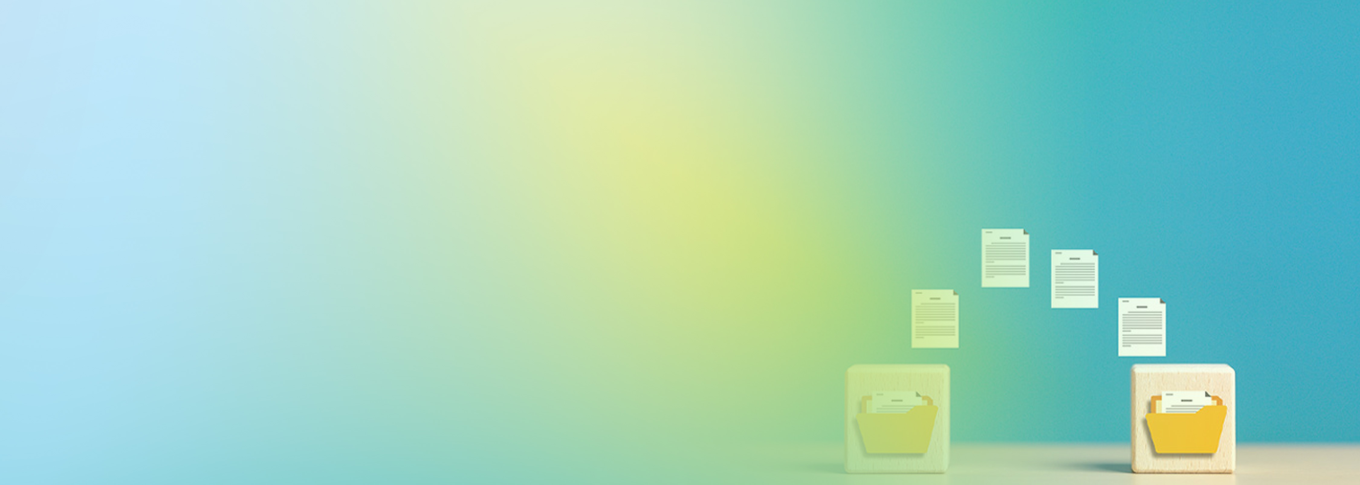 Illustration showing files moving between two wooden blocks with folder icons, representing the concept of data migration or transfer. The background is a gradient of blue, green, and yellow shades.