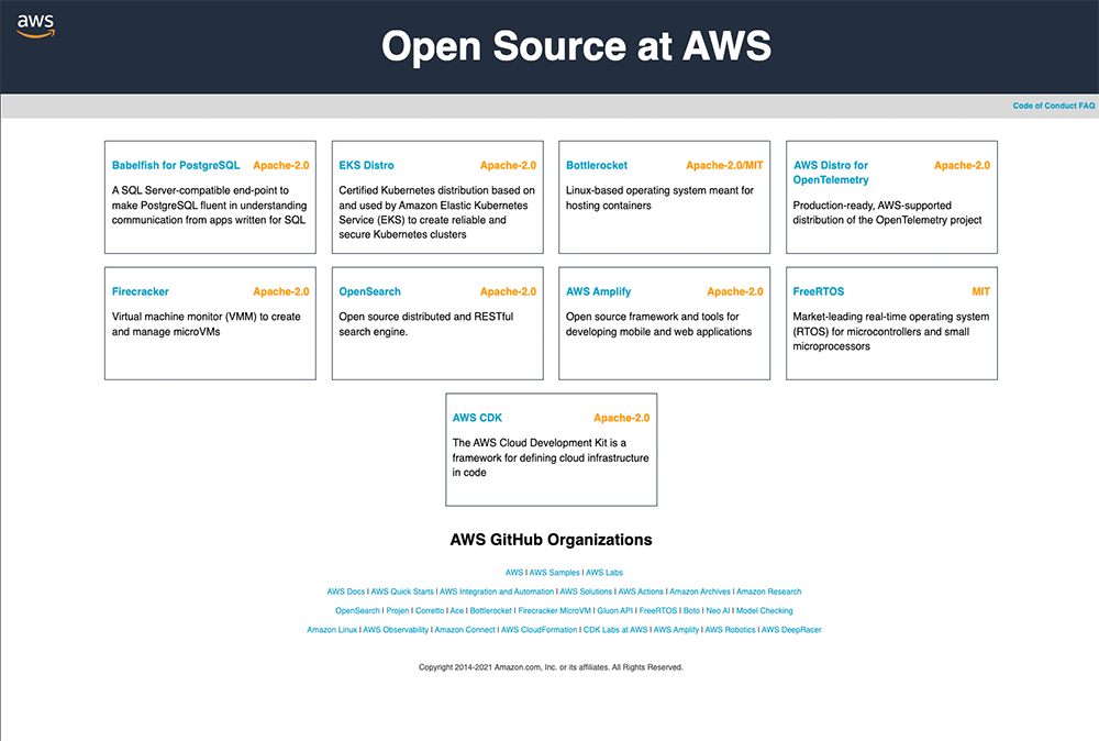 Overview image of key open source projects at AWS, including Babelfish for PostgreSQL, EKS Distro, Bottlerocket, AWS Distro for OpenTelemetry, Firecracker, OpenSearch, AWS Amplify, FreeRTOS, and AWS CDK, with their descriptions and license types.