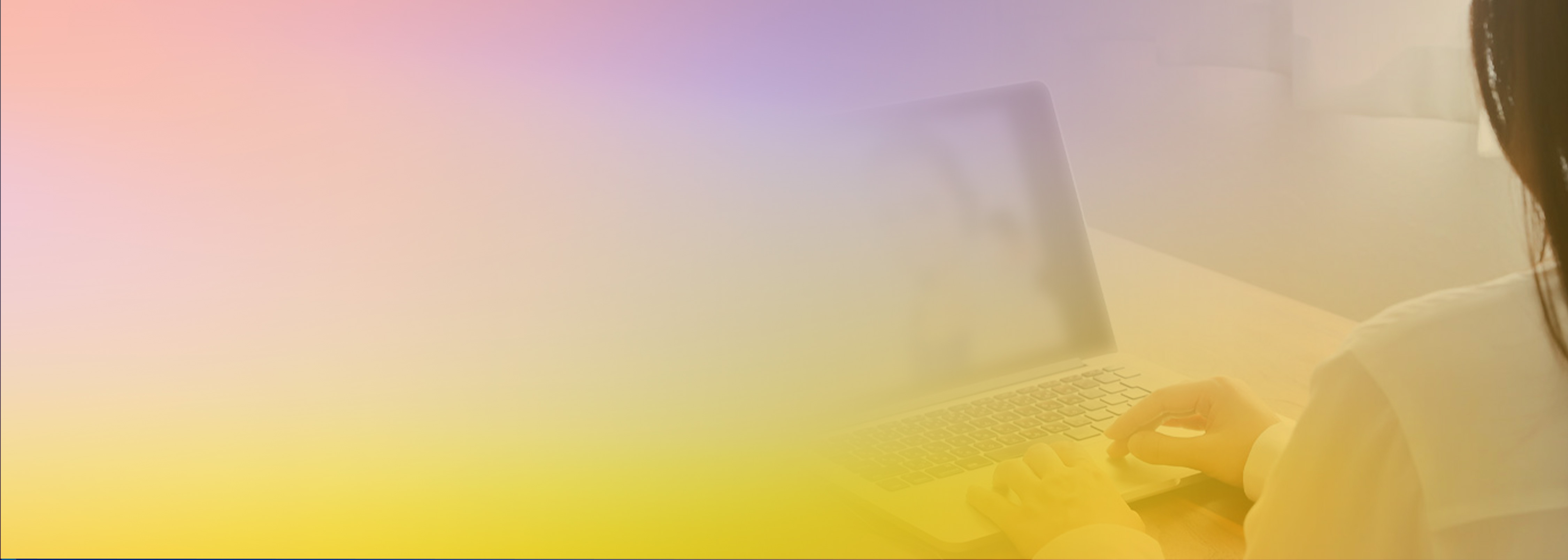 A person using a laptop computer, partially obscured by a soft gradient overlay in pink, purple, and yellow, representing the Bedrock English conversation service with an AI and machine learning theme.