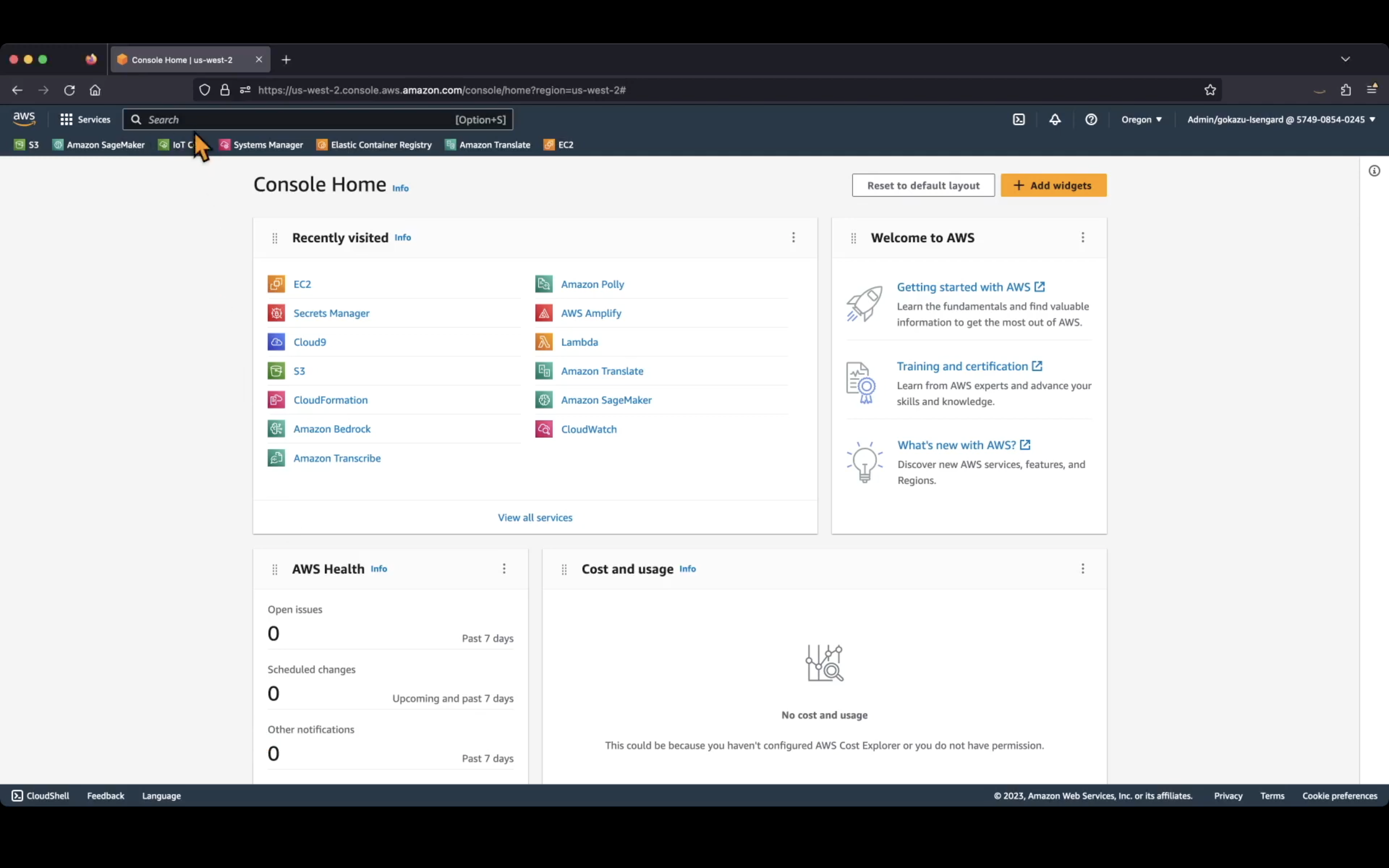 Screenshot showing the AWS Console Home dashboard with recently visited services, AWS health status, usage overview, and navigation bar. The browser is set to Japanese language with region set to Oregon (us-west-2).