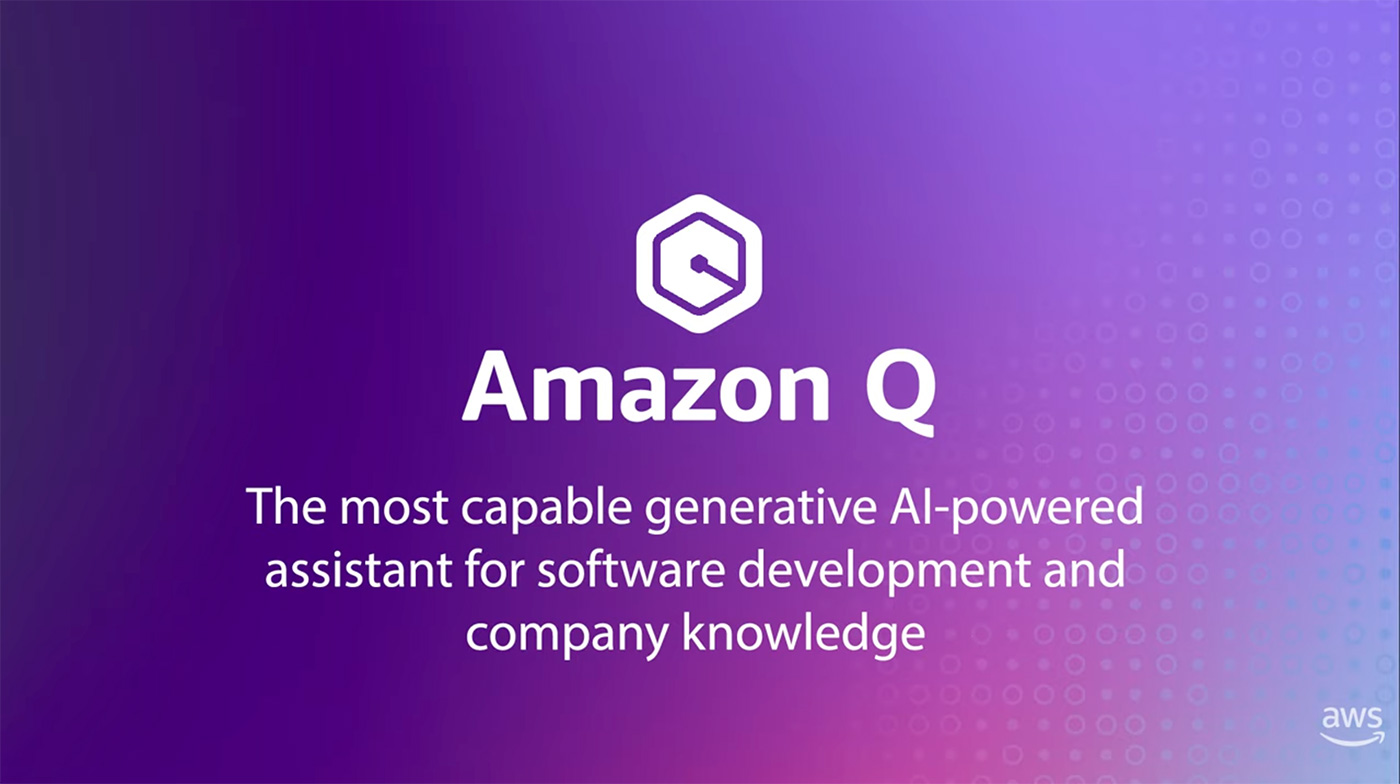 Amazon Q generative AI-powered assistant for software development and company knowledge, shown on a purple gradient background with the Amazon Q logo.