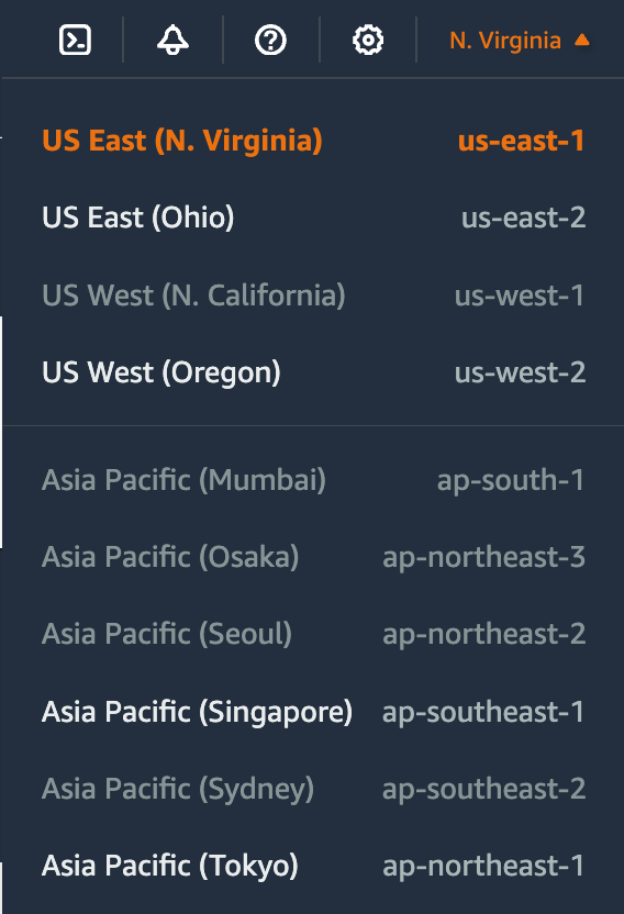 Screenshot of the AWS Management Console showing the region selector dropdown menu with various AWS regions and their codes, including US East (N. Virginia), US West (Oregon), Asia Pacific (Singapore), and others.