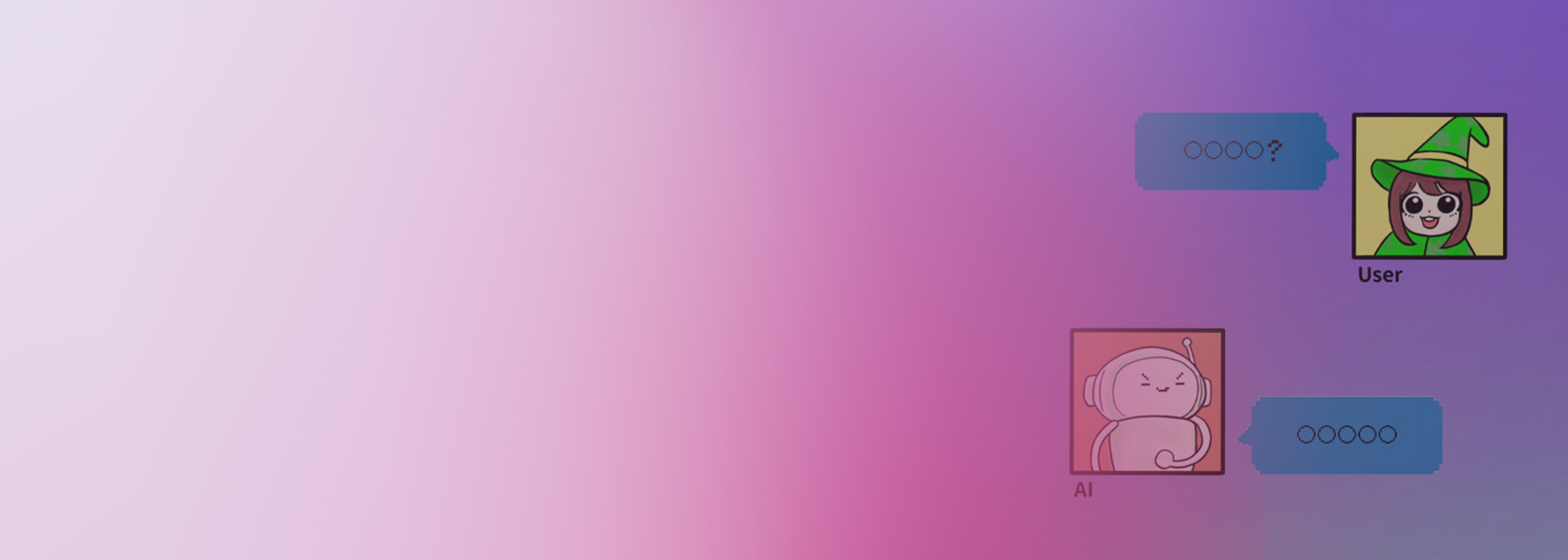 A stylized illustration showing a chat interface between a human user (depicted as a cartoon character in a green wizard hat) and an AI (represented by a simple robot drawing), set against a pink and purple gradient background. The image is used for Amazon Bedrock help and documentation.