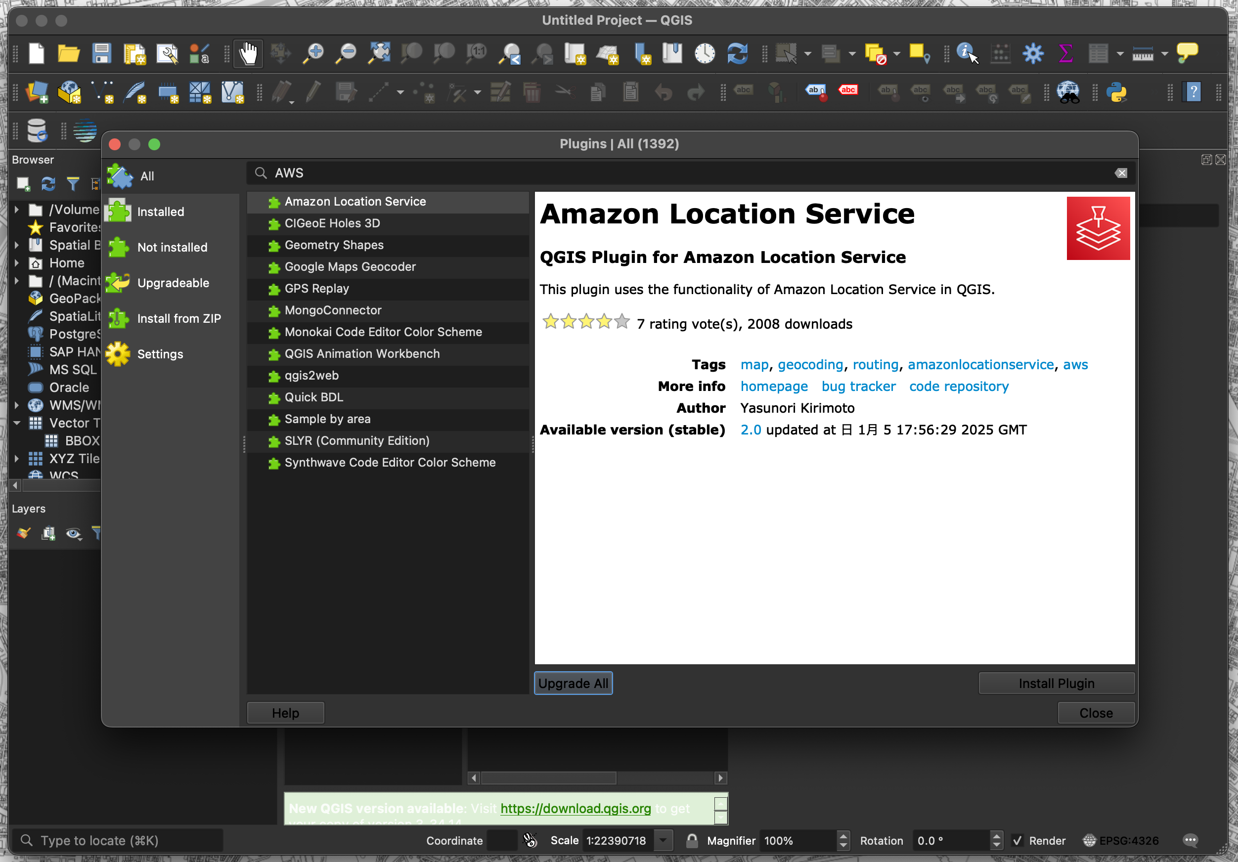 Screenshot of the QGIS application showing the plugin panel with the Amazon Location Service plugin details, including description, version, author, tags, and download rating. The panel provides information about using Amazon Location Service within QGIS.