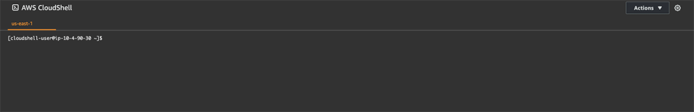 Screenshot of the AWS CloudShell terminal interface showing the command prompt and region us-east-1 selected, with no commands entered.