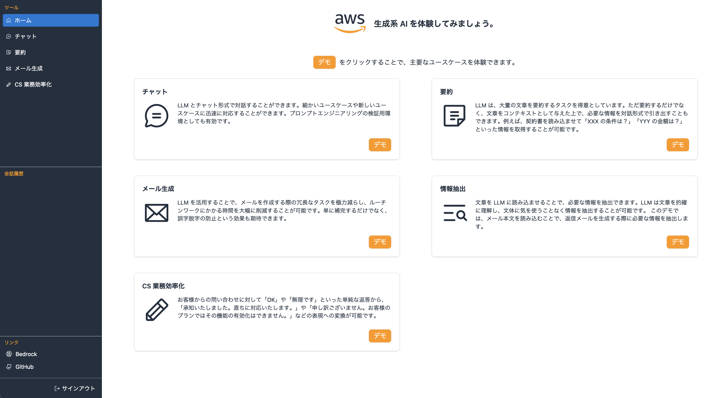 Screenshot of an AWS generative AI demo dashboard with a Japanese interface, showing menu options for chat, summary, email generation, information extraction, and CS business efficiency.