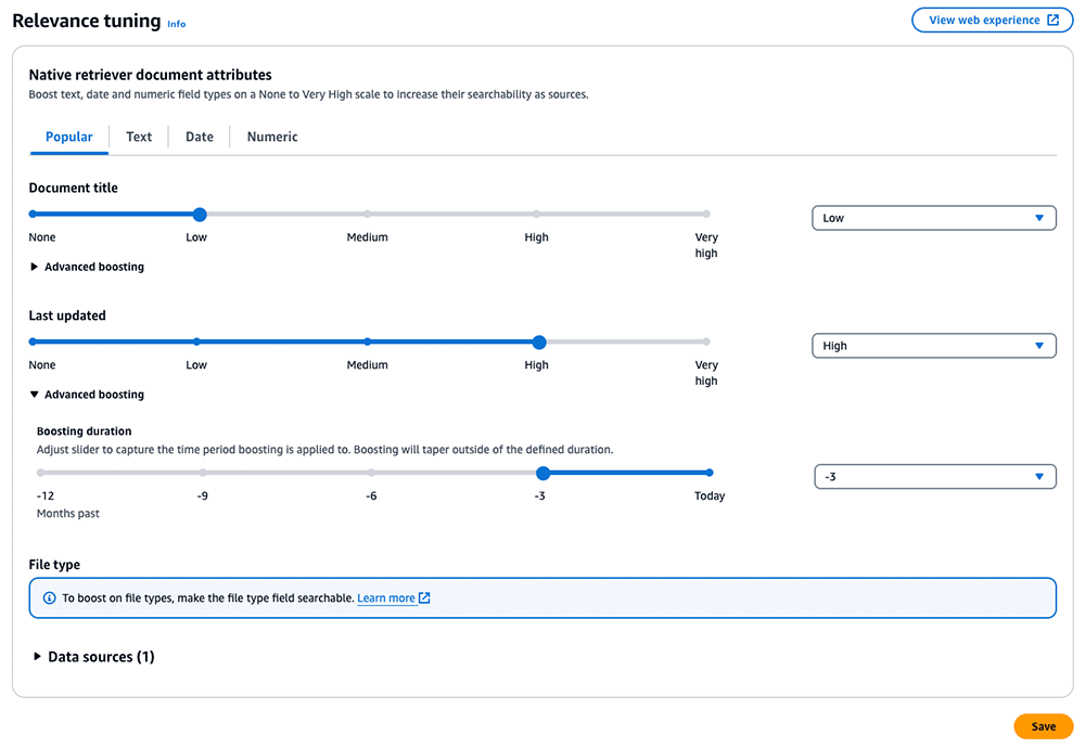 Screenshot of the relevance tuning interface in the Amazon Q no-code application showing options to boost native retriever document attributes such as title and last updated date, including advanced boosting features and duration sliders.