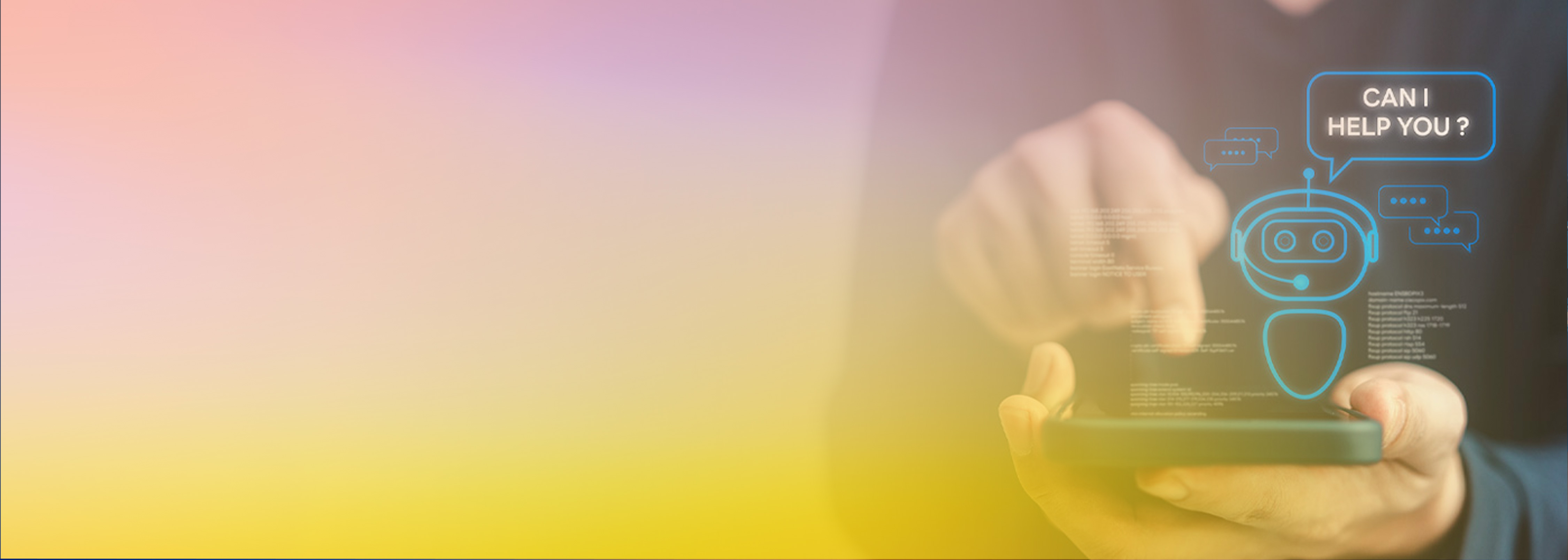 A person using a mobile device with a digital illustration of a chatbot and the text 'Can I help you?' floating above the screen, representing the creation of an AI-powered chatbot with Amazon Bedrock.