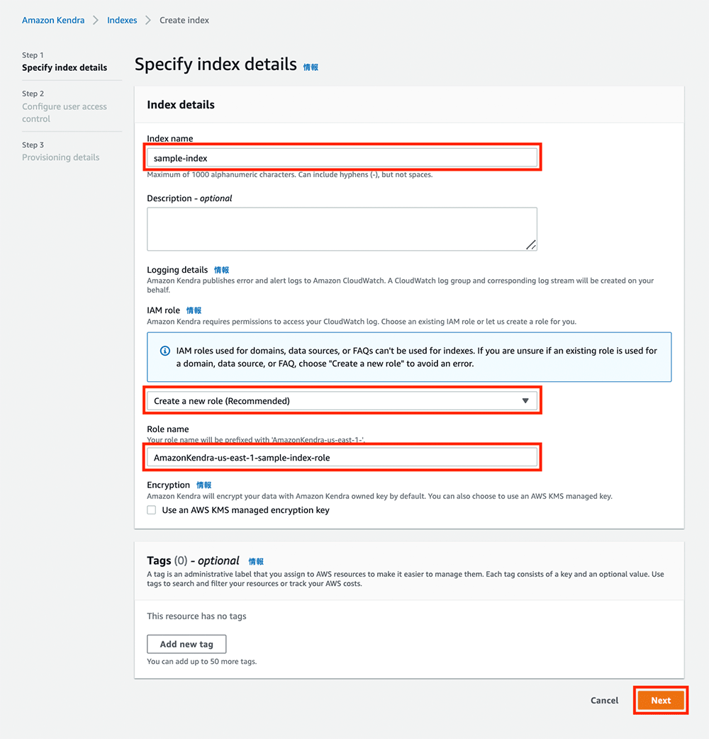 Screenshot of the Amazon Kendra console showing the 'Specify index details' step for creating an index, including fields for Index name, IAM role, encryption, and tags.