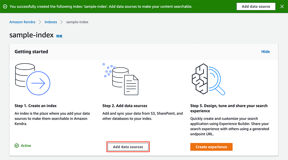 Screenshot of the Amazon Kendra console showing the 'Getting started' steps after creating a 'sample-index'. The screen displays instructions for creating an index, adding data sources, and designing a search experience. A green banner indicates successful index creation.