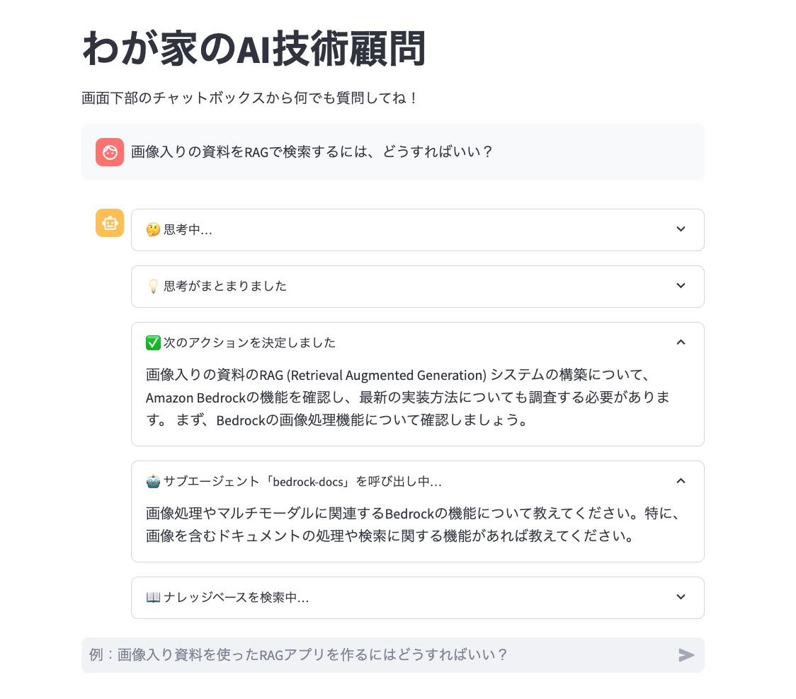 AI技術顧問のチャット画面を示したスクリーンショット。画像入りの資料をRAG（Retrieval Augmented Generation）で検索する方法や、Amazon Bedrockの画像処理機能に関する会話の流れが表示されている。