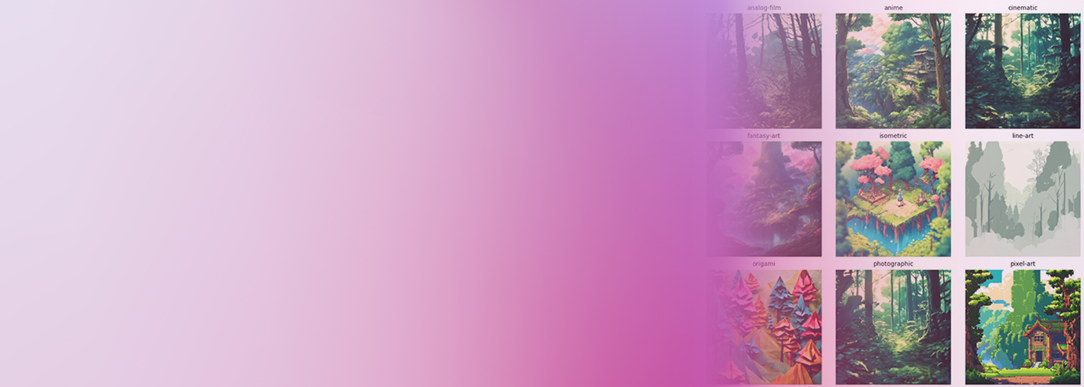 A collage of AI-generated forest images in various artistic styles, including analog-film, anime, cinematic, fantasy-art, isometric, line-art, origami, photographic, and pixel-art, displayed on a pink gradient background.
