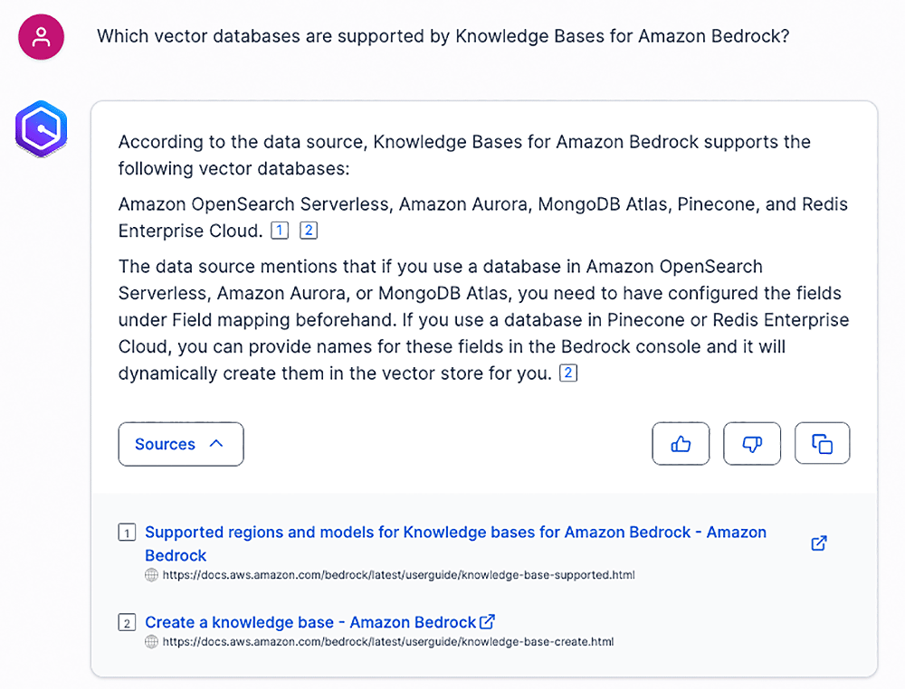 Screenshot showing an Amazon Q response listing the vector databases supported by Knowledge Bases for Amazon Bedrock, including Amazon OpenSearch Serverless, Amazon Aurora, MongoDB Atlas, Pinecone, and Redis Enterprise Cloud, with additional setup instructions and documentation links.