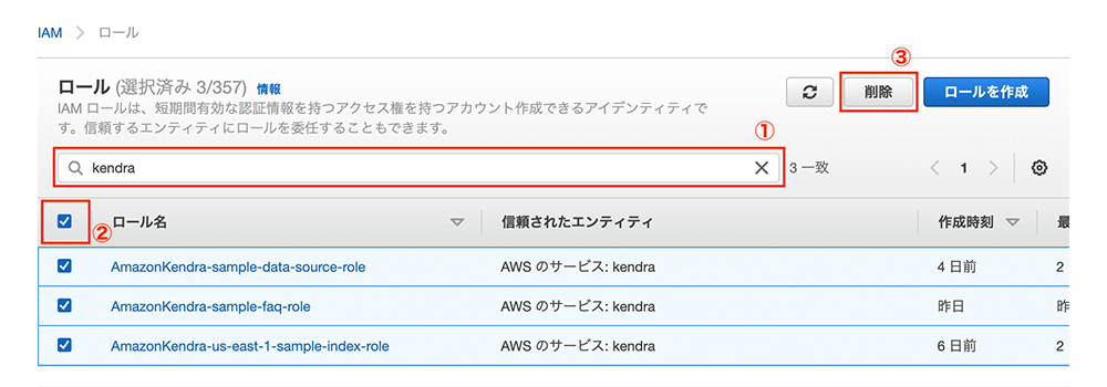 Screenshot of the AWS IAM console in Japanese, showing a search for 'Kendra' roles, with multiple Amazon Kendra sample roles selected and the delete button highlighted.
