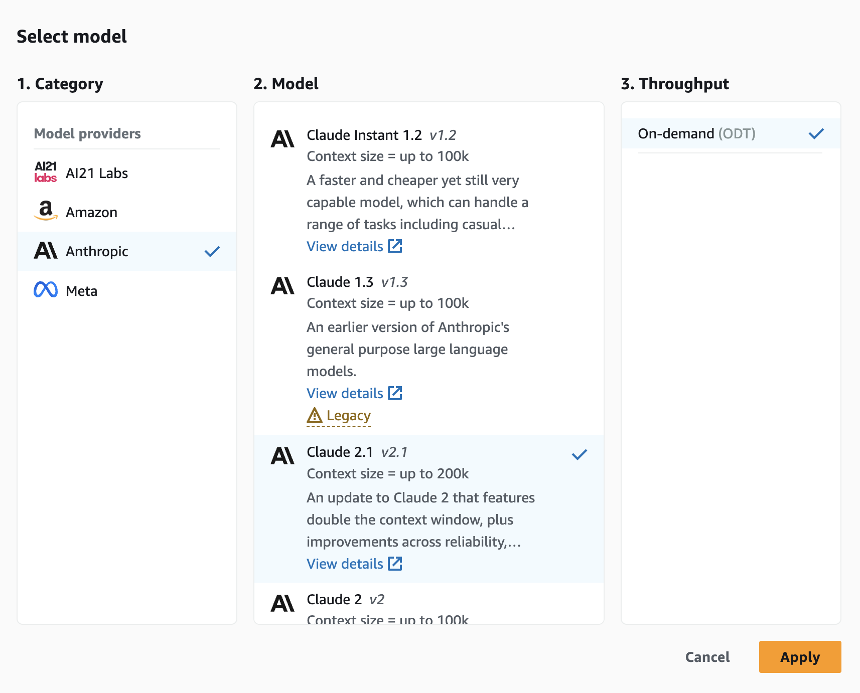 Screenshot of the AWS model selection interface, showing available model providers such as AI21 Labs, Amazon, Anthropic, and Meta, with Anthropic selected and the Claude model series (Claude Instant, Claude 1.3, Claude 2.1, Claude 2) displayed. Throughput option set to On-demand. The interface includes options to view model details and select versions and throughput before applying changes.