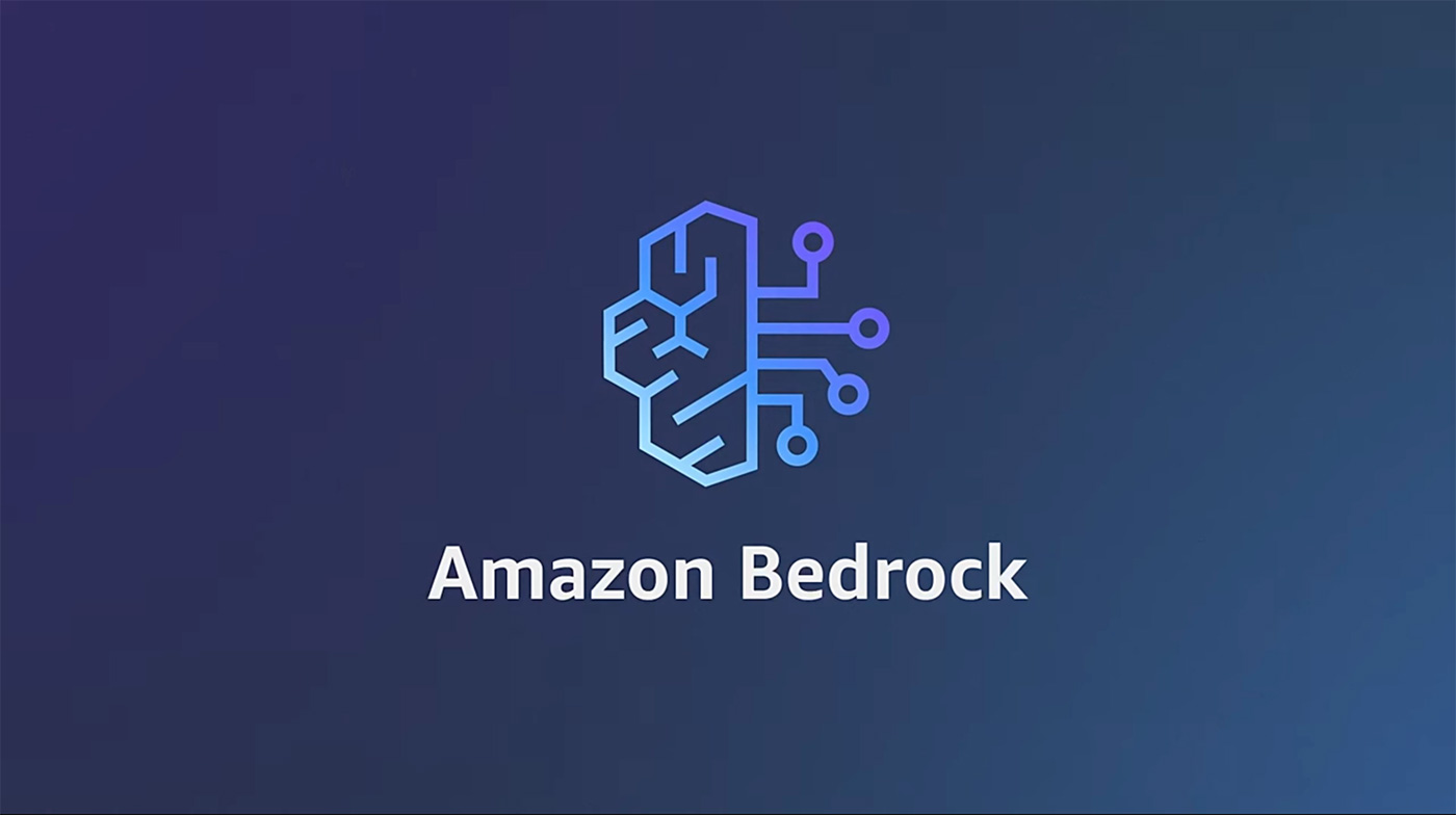 Amazon Bedrock logo displayed with a stylized brain circuit icon and text on a blue gradient background.
