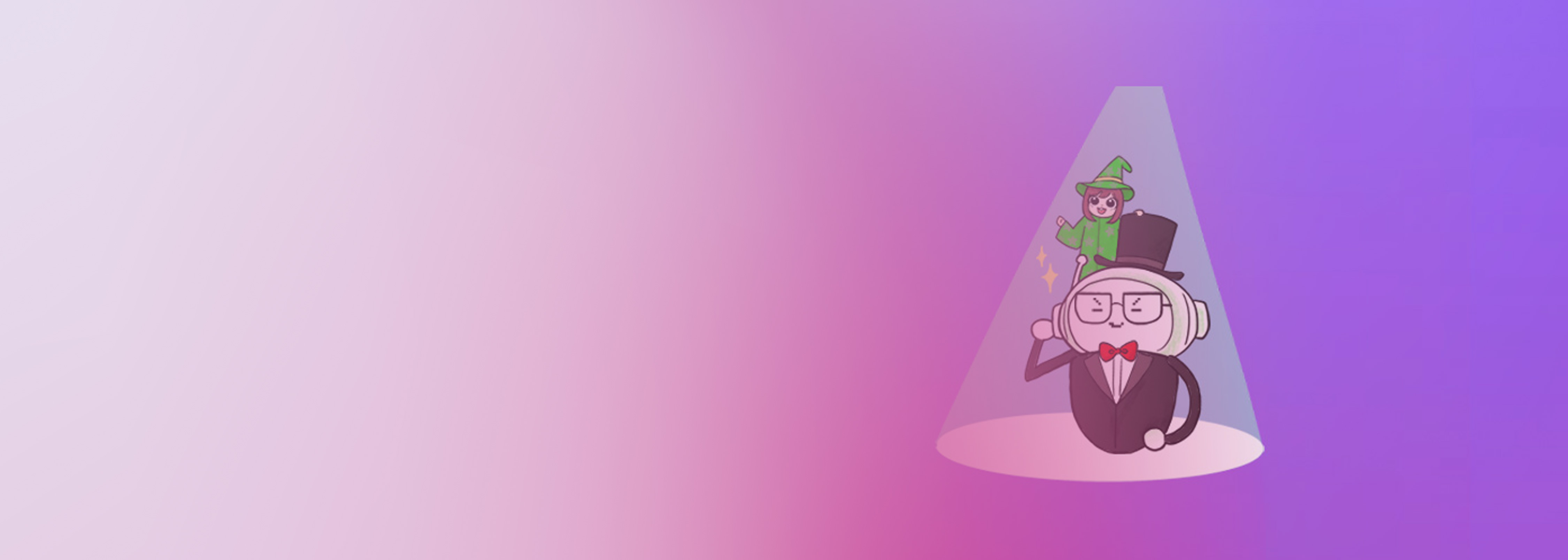 Illustration of a stylized character in a magician outfit with glasses and a red bowtie, accompanied by a wizard character under a spotlight, on a purple and pink gradient background. Represents creating an AI assistant game.