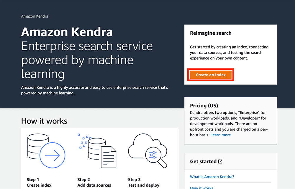 Screenshot of the Amazon Kendra enterprise search service user interface, highlighting its machine learning-powered search capabilities, the option to create an index, and the step-by-step process for setting up an enterprise search system.