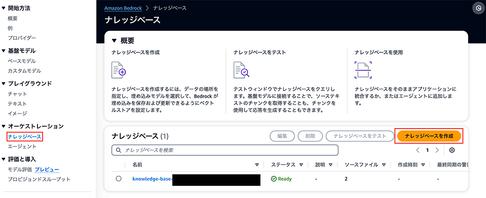 Amazon Bedrockのナレッジベース作成画面を示すスクリーンショット。日本語インターフェイスで、左側のメニューには『ナレッジベース』が強調表示されており、『ナレッジベースを作成』ボタンが右上にオレンジ色で表示されている。