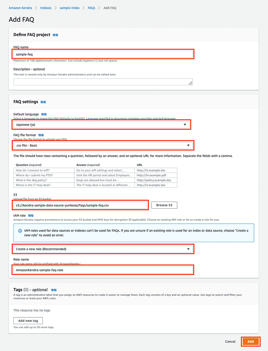 Screenshot of the Amazon Kendra 'Add FAQ' interface displaying configuration entries for creating a sample FAQ project. Fields include FAQ name, language selection, file format (.csv), S3 source file path, IAM role, and a preview of FAQ data in CSV format.