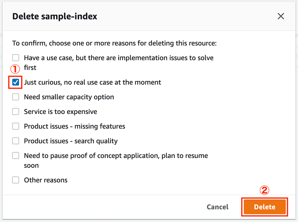 Screenshot of the 'Delete sample-index' confirmation dialog in Amazon Kendra, showing selectable reasons for deleting a resource, with 'Just curious, no real use case at the moment' checked and the 'Delete' button highlighted.