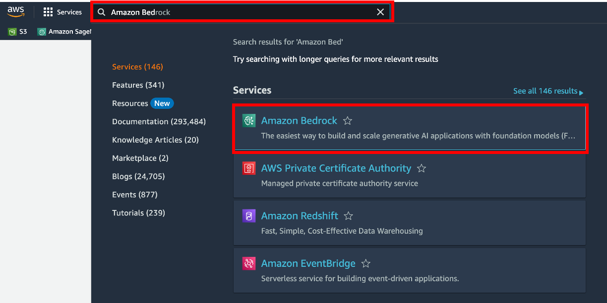 Screenshot showing a search for 'Amazon Bedrock' in the AWS Management Console, highlighting the Amazon Bedrock service and its description as the easiest way to build and scale generative AI applications with foundation models.
