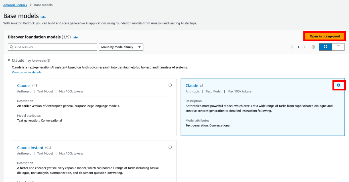 Screenshot of the Amazon Bedrock Base Models interface, highlighting the selection of Claude foundation models by Anthropic, including Claude v1.3, Claude v2, and Claude Instant v1.2. The image shows model descriptions, attributes, and an 'Open in playground' button in the top right corner.