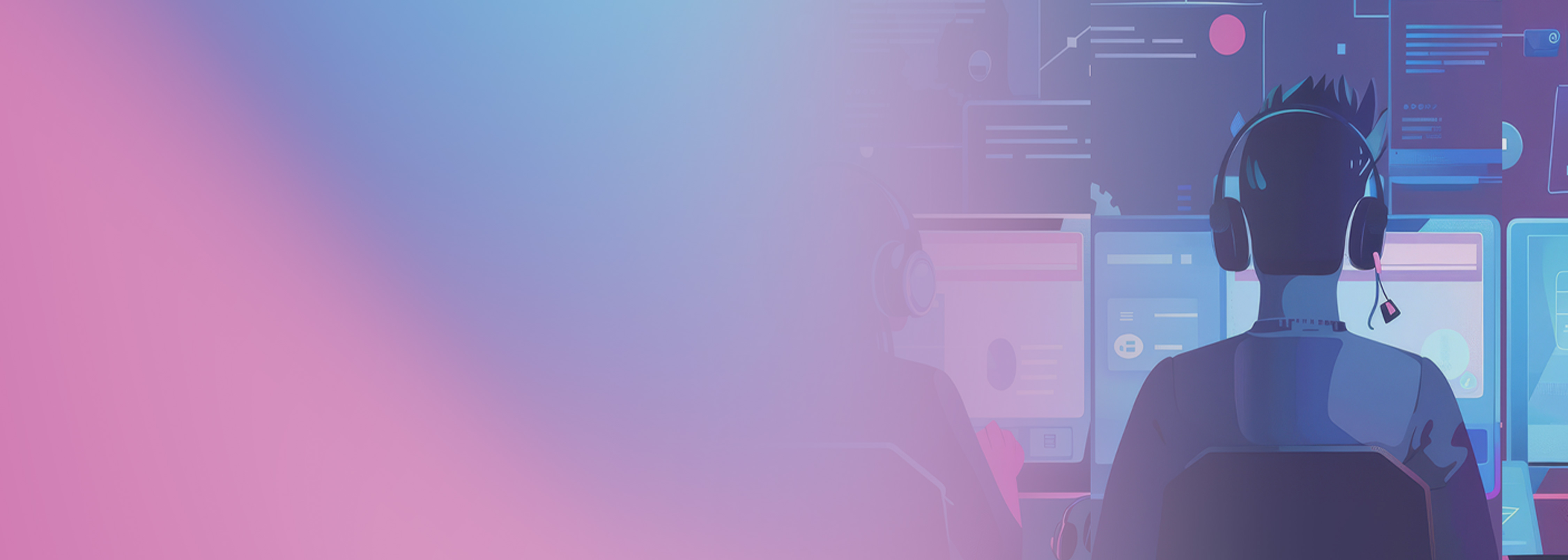 Illustration of people using computers with headsets in a modern, high-tech environment, representing AI advisor or support systems with Amazon Bedrock.