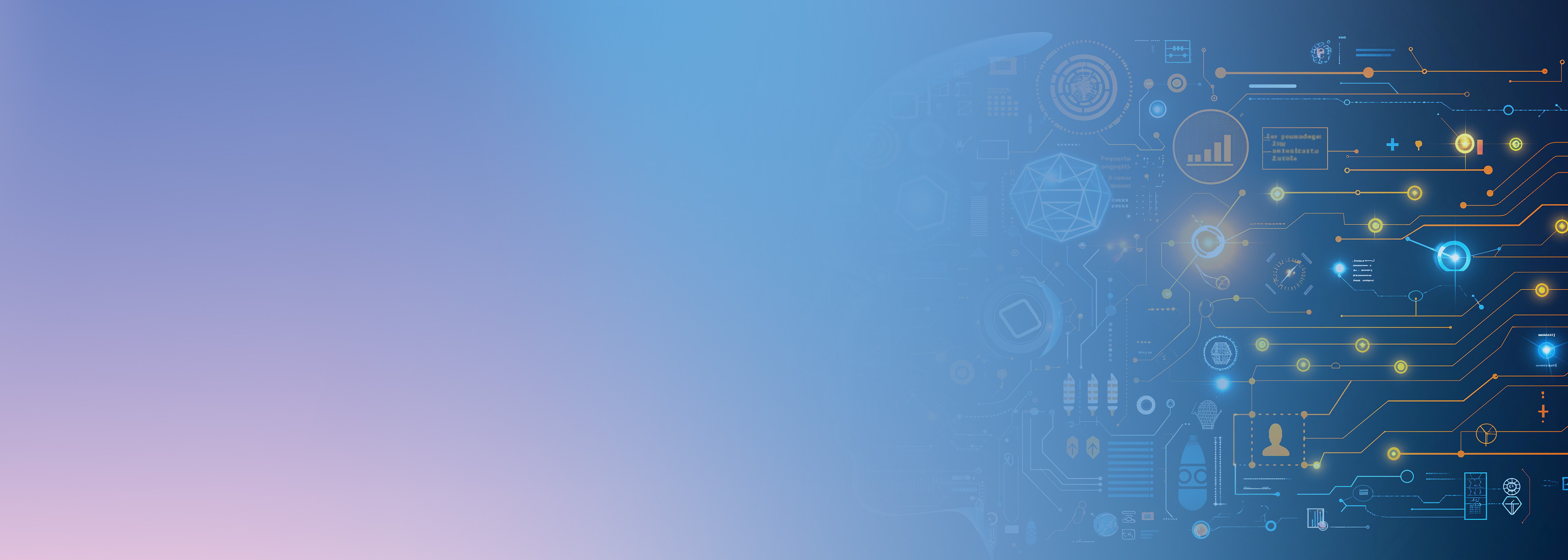 Futuristic technology concept background featuring a digital circuit board and abstract elements representing artificial intelligence and machine learning, with a gradient blue and purple color scheme and space for text on the left.