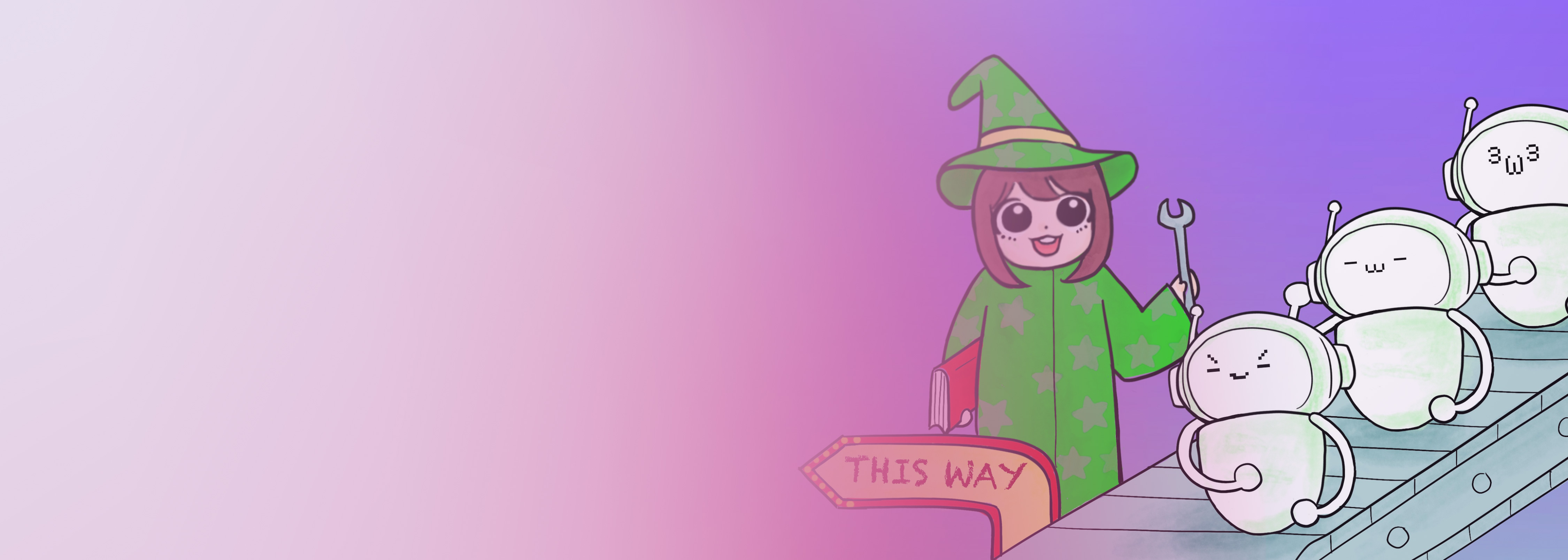 Illustration featuring a cartoon wizard character in a green robe with star patterns, holding a wrench and a book, standing next to smiling robot characters on a conveyor belt. A sign reading 'THIS WAY' points forward against a colorful pink and purple gradient background. Represents a gamified, step-by-step approach to artificial intelligence and machine learning concepts.