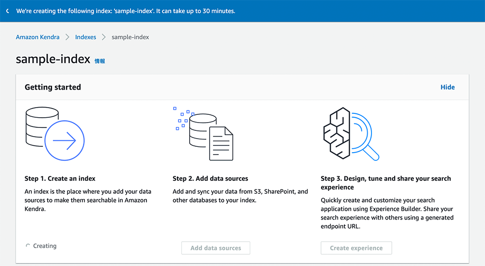 Screenshot of the Amazon Kendra interface showing the steps to get started with a sample index: creating an index, adding data sources, and designing, tuning, and sharing a search experience.