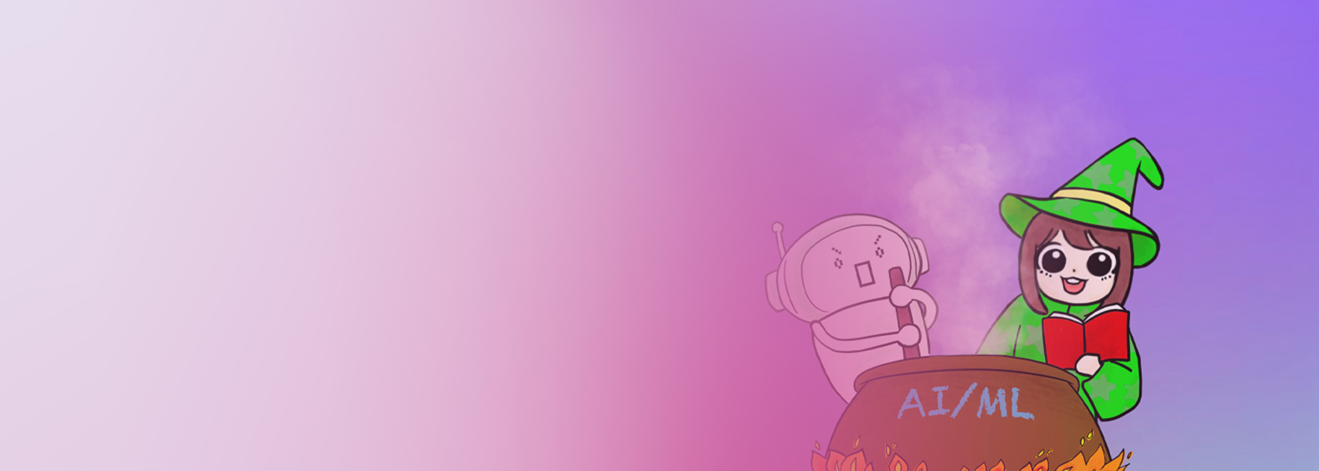 Cartoon illustration of a wizard character and a robot stirring a cauldron labeled 'AI/ML' with a purple gradient background, representing AI/ML solutions for games.