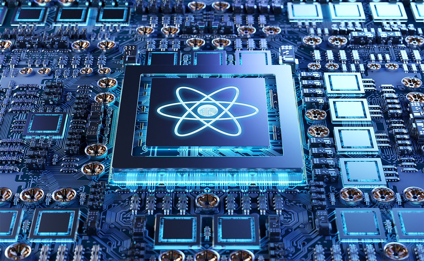 Close-up view of an advanced computer circuit board with a glowing central processing unit (CPU) featuring an artificial intelligence symbol, representing AWS AI infrastructure innovation.
