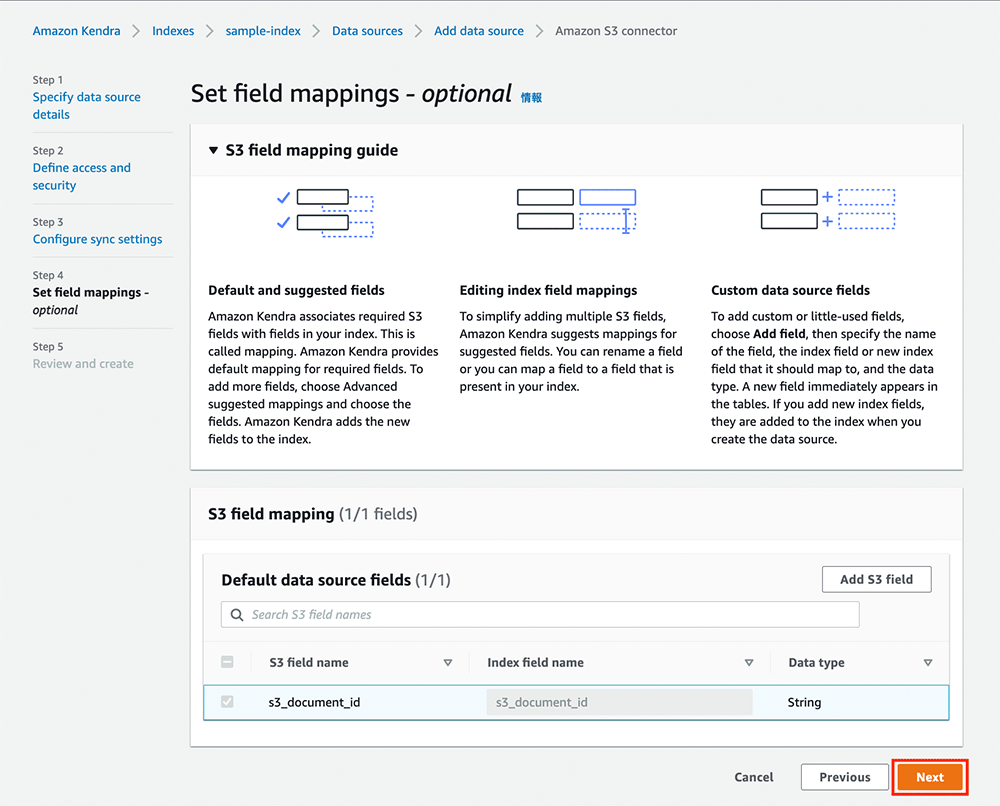 Screenshot of the Amazon Kendra interface showing the 'Set field mappings' step for configuring an Amazon S3 data source. The screen displays options for mapping S3 fields to index fields and highlights default, editing, and custom field mapping options. The S3 field mapping section shows an example with 's3_document_id' mapped and ready to proceed to the next step.