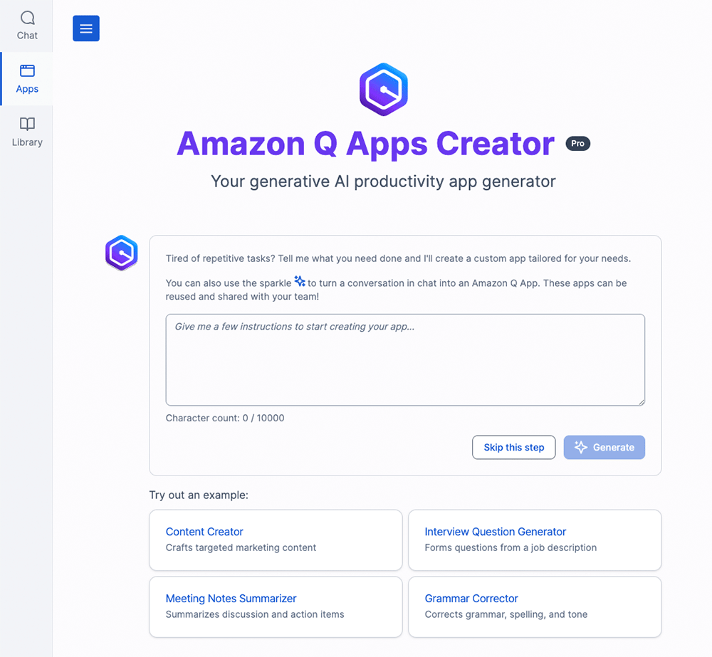 Screenshot of the Amazon Q Apps Creator interface, a generative AI productivity app generator. The interface allows users to describe tasks or use example options such as Content Creator, Interview Question Generator, Meeting Notes Summarizer, and Grammar Corrector to generate custom AI-powered productivity apps without coding.