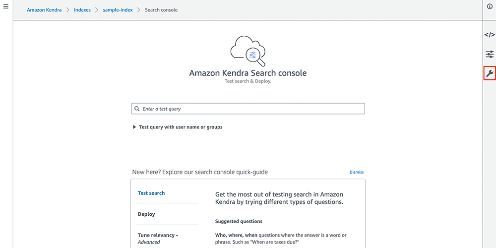 Screenshot of the Amazon Kendra Search console interface, showing the search bar, options to enter a test query, and tips for testing search functionality in Amazon Kendra.