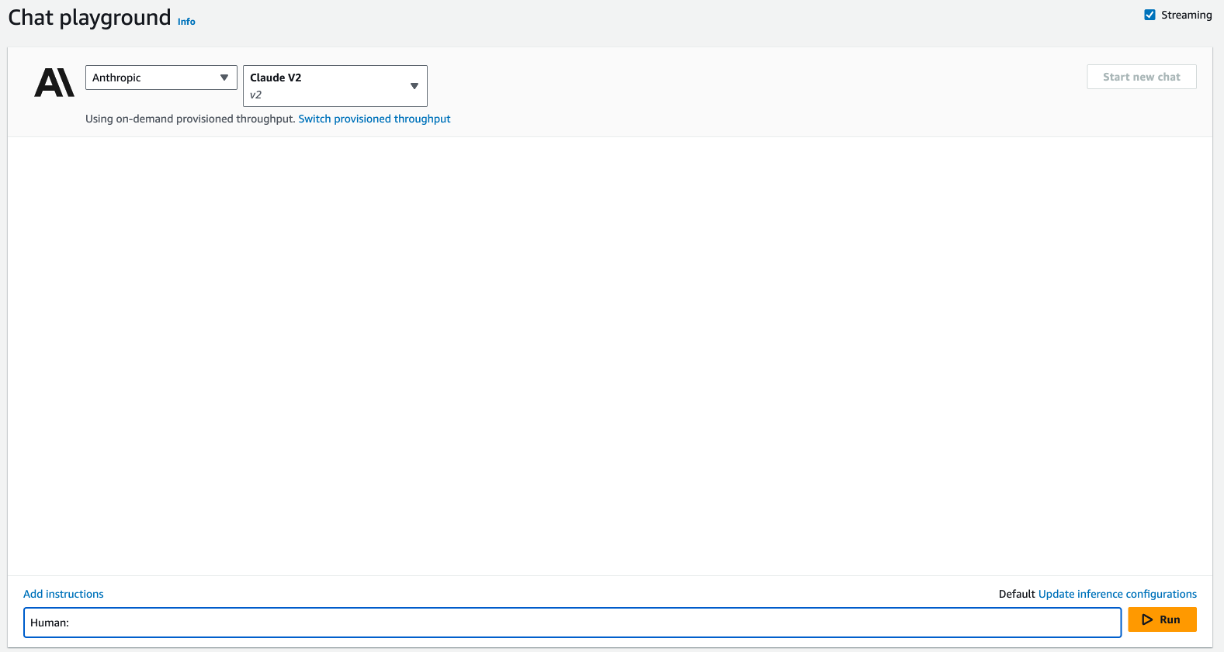 Screenshot of the Amazon Bedrock chat playground interface featuring Anthropic Claude V2 model selection. The interface displays an input box labeled 'Human:' and a 'Run' button for submitting text, highlighting usage for AI and machine learning model inference within AWS.